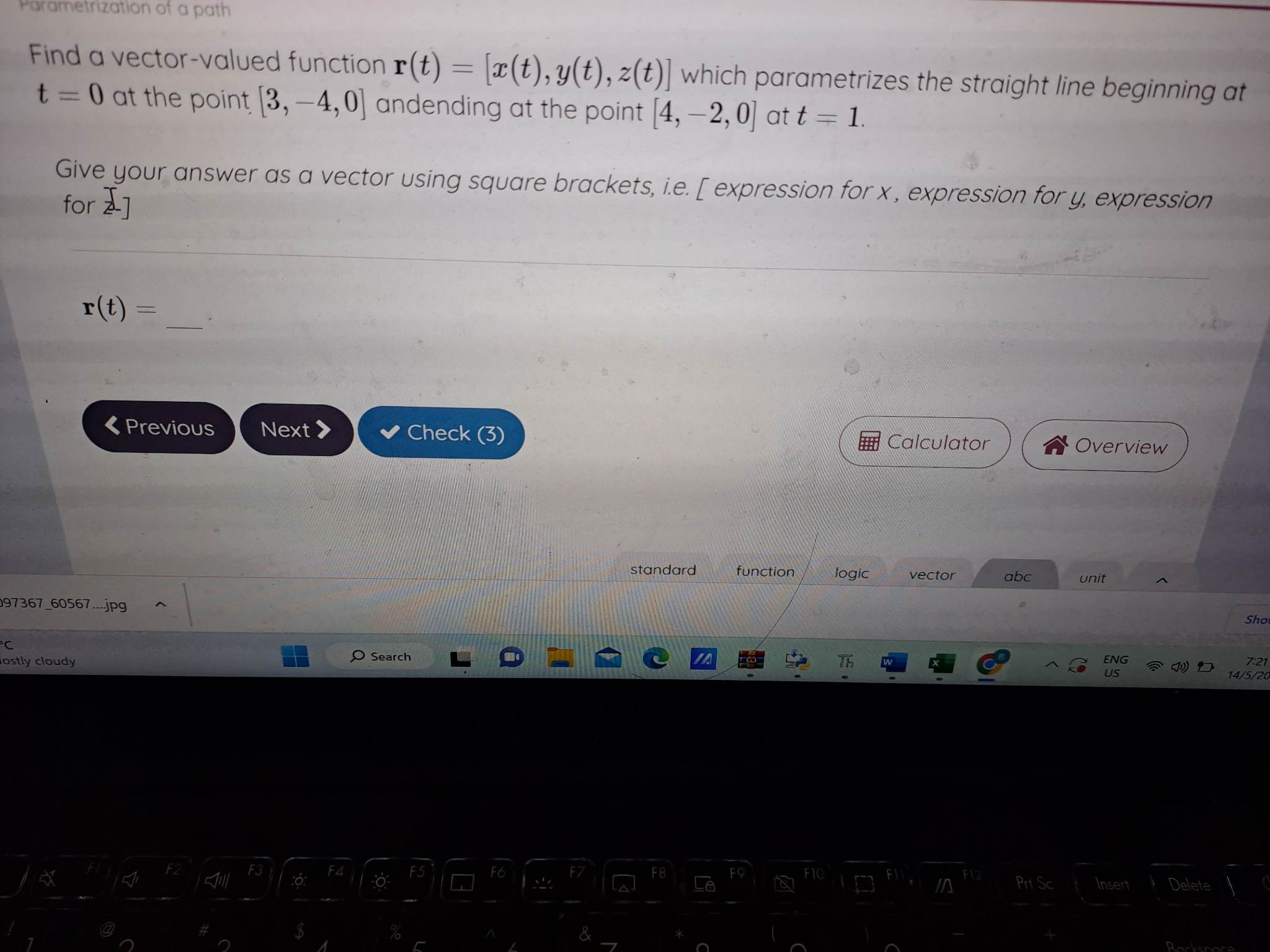 point [3, -4, 0] andending at the point [4, -2, 0] at