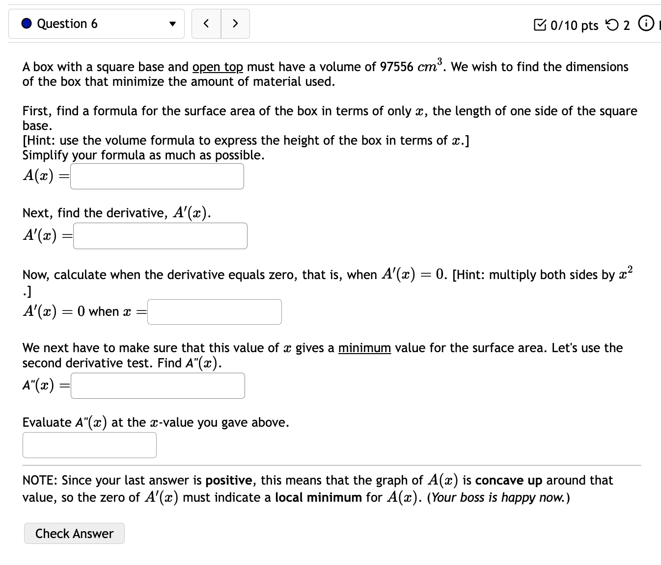 the surface area of the box in terms of only 3:, the