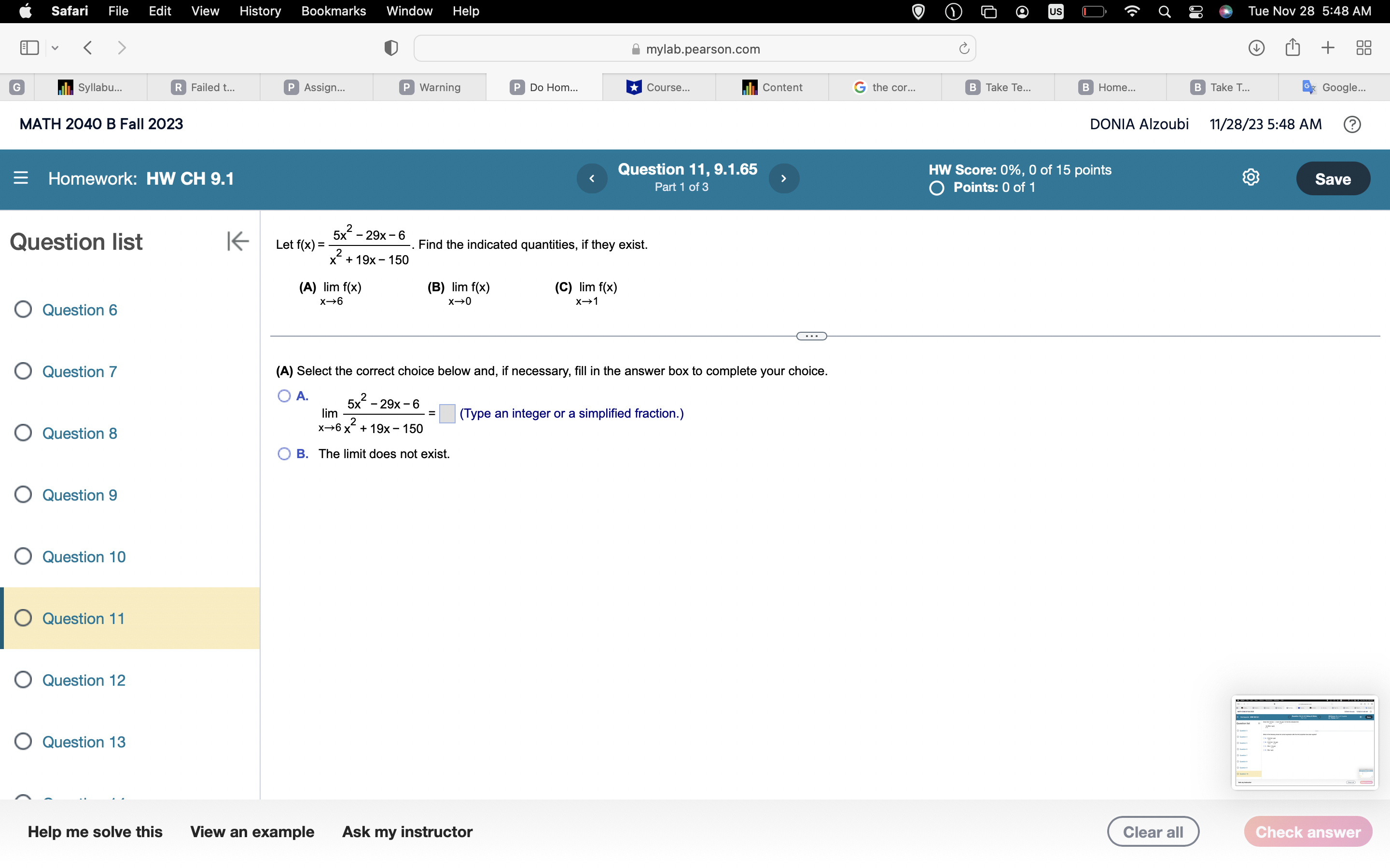 my instructor Clear all Check answerQuestion list 0 Question 1 0 Question