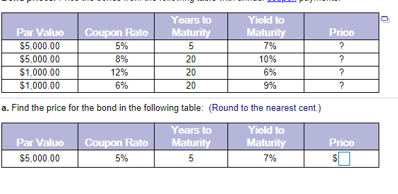Par Wue ss,ooono Coupm Rate 8% 12% Years to Maturiy 5 20