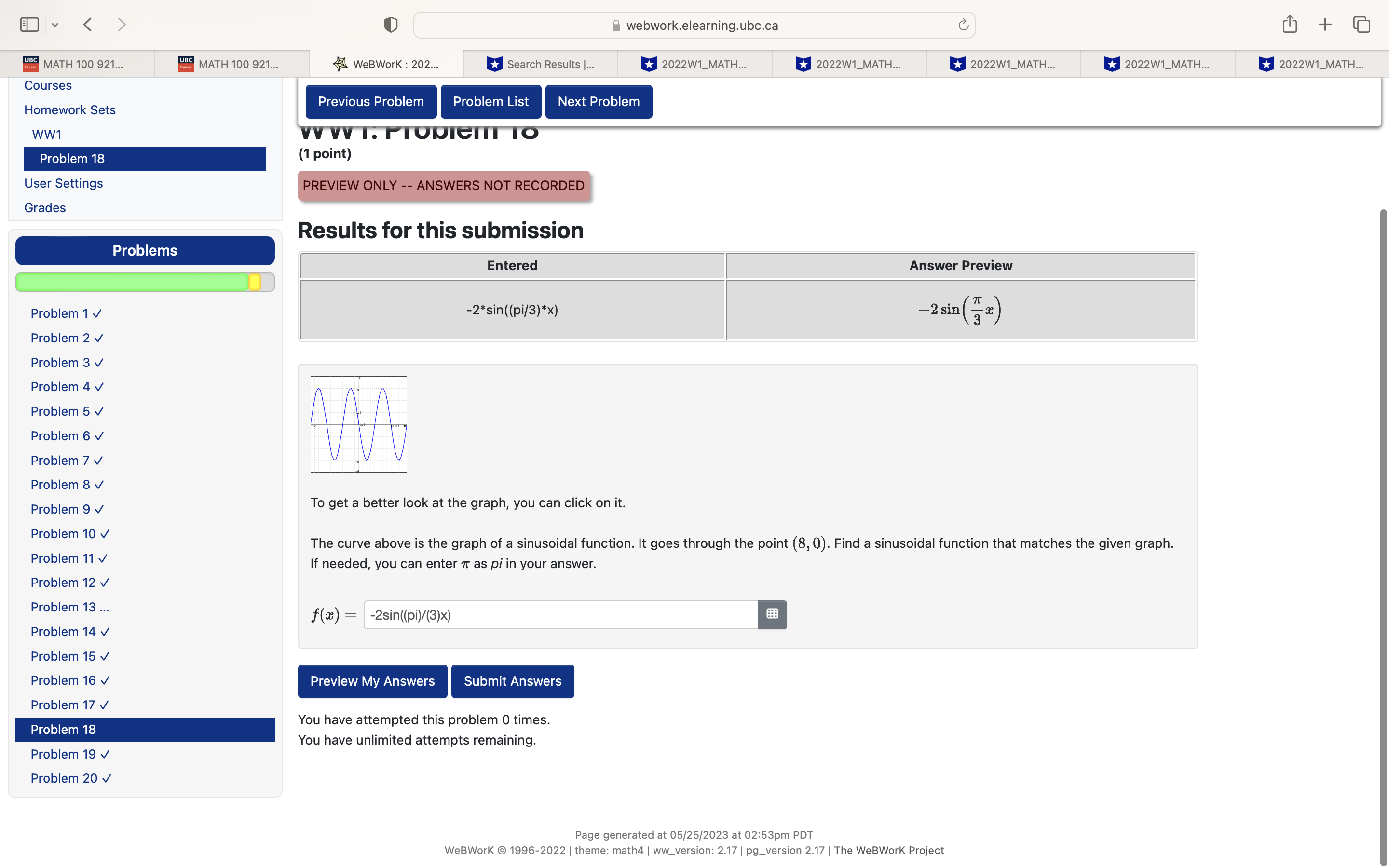 MATH 100 921... Courses Homework Sets WW1 Problem 18 User Settings Grades