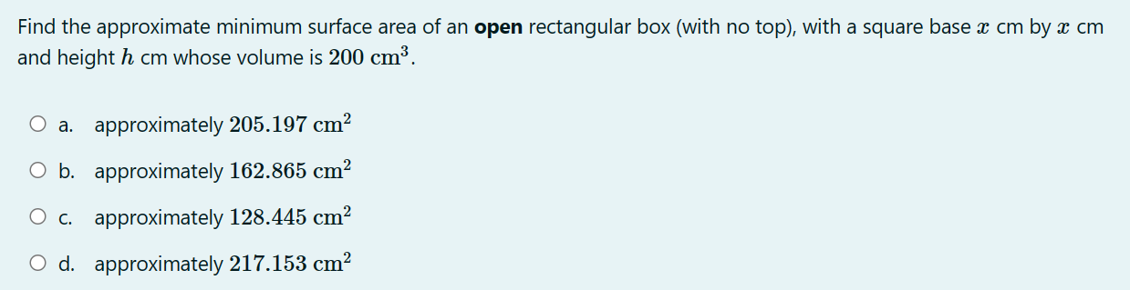  Find the approximate minimum surface area of an open rectangular box