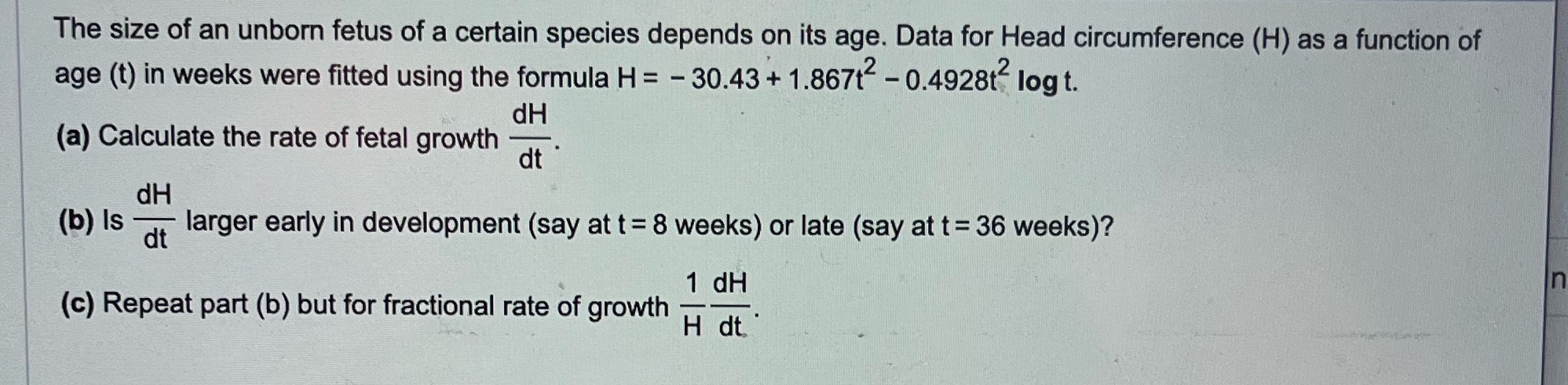 an unborn fetus of a certain species depends on its age. Data
