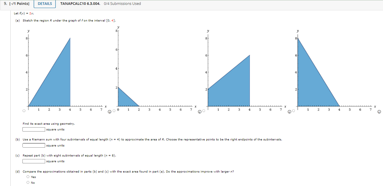 Riemann sum with five subintervals of equal length (n = 5) to