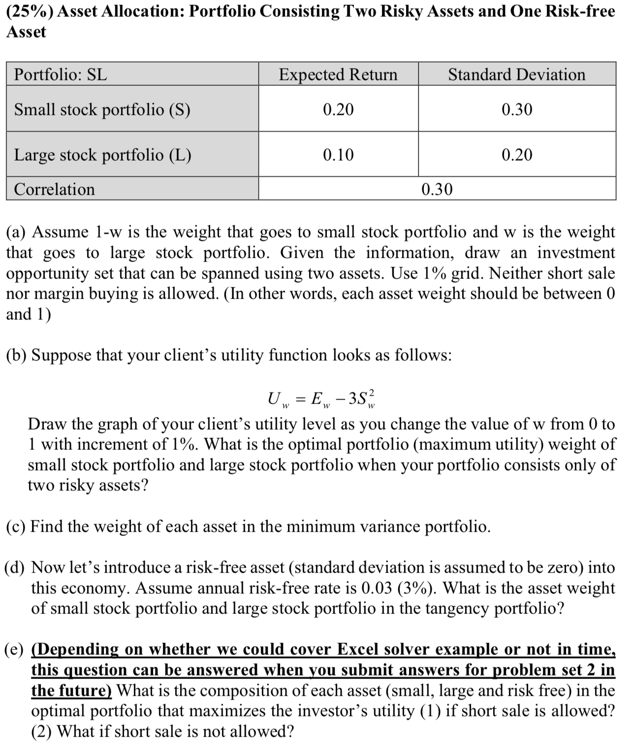using excel solver (25%) Asset Allocation: Portfolio Consisting Two Risky Assets and