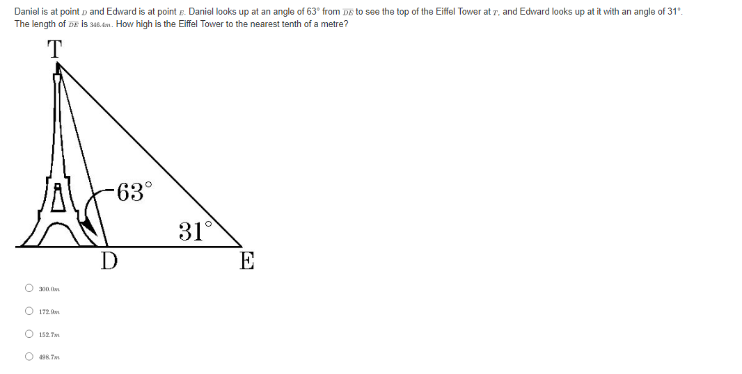O 44.4'Daniel is at point D and Edward is at point E.