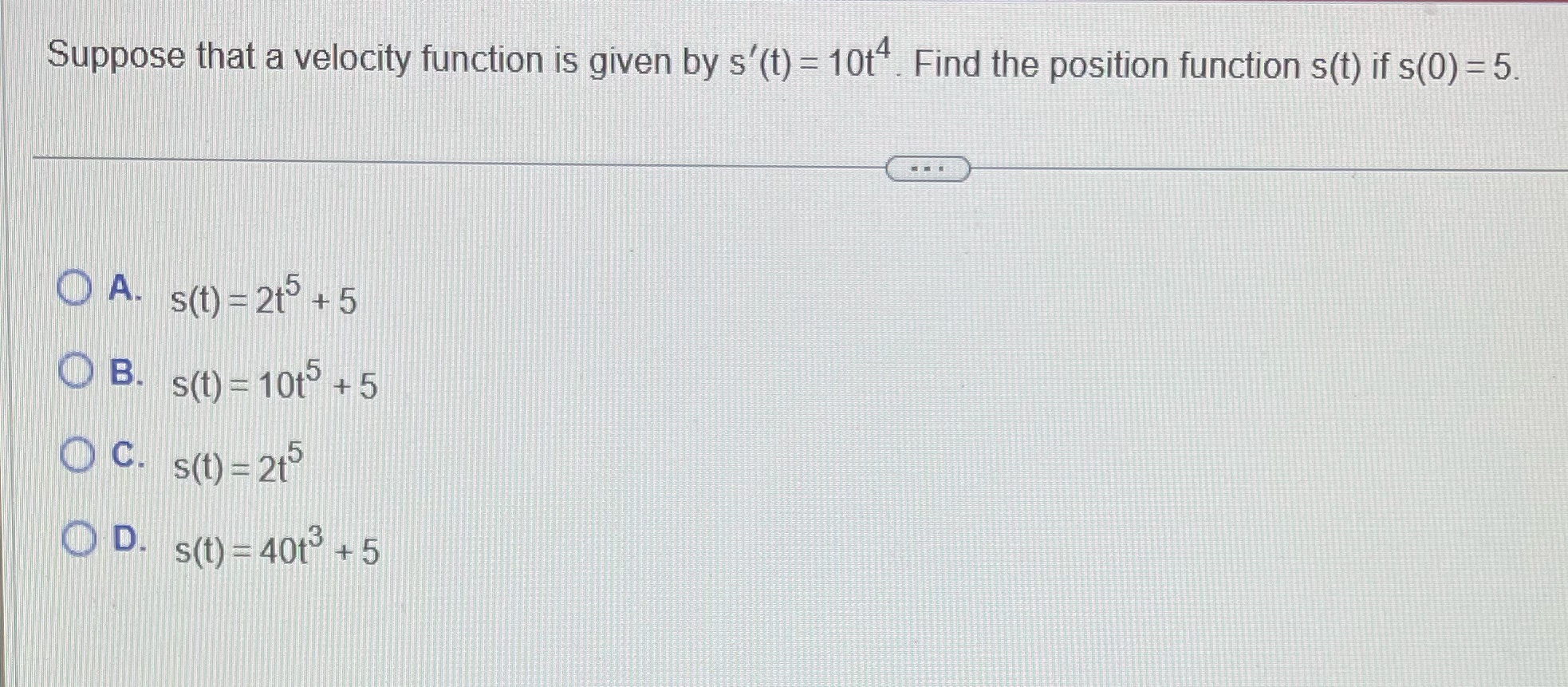1 Suppose that a velocity function is given by s'(t) =