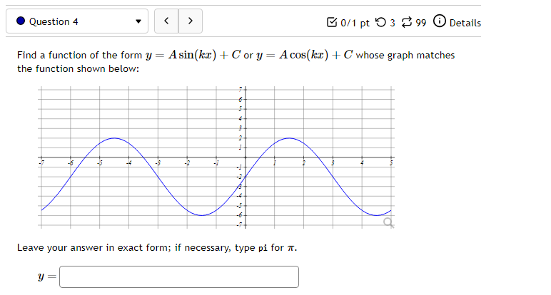 Details Based on the graph above, determine the amplitude, midline, and period