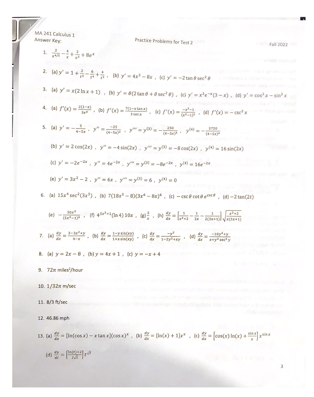  MA 241 Calculus 1 Answer Key: Practice Problems for Test 2
