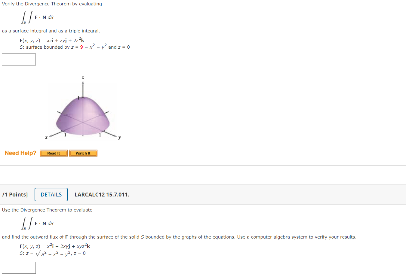 Verify the Divergence Theorem by evaluating i/r-m as a surface integral