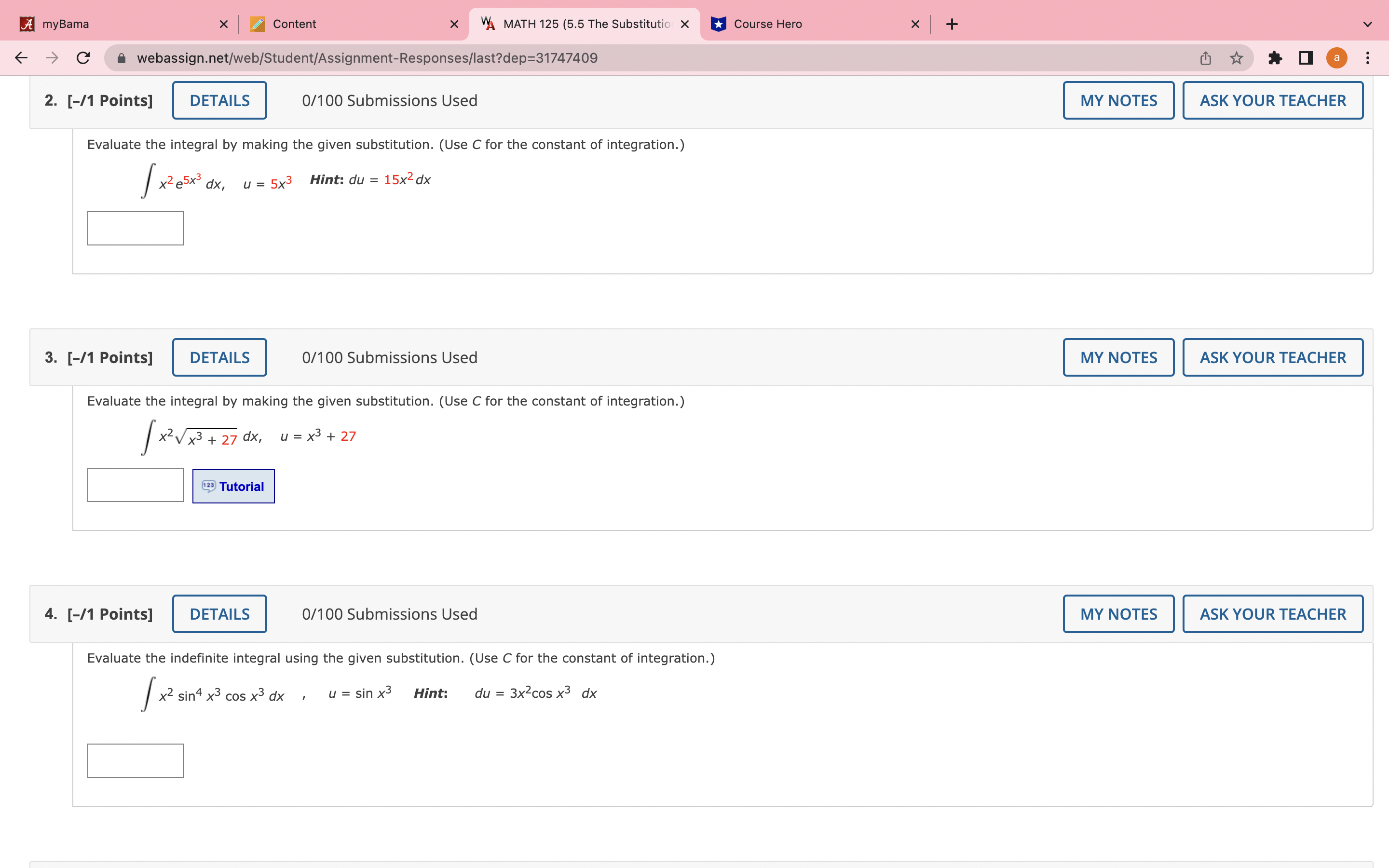 2. 3. 4. [-11 Points] DETAILS 0/100 Submissions Used Evaluate the integral