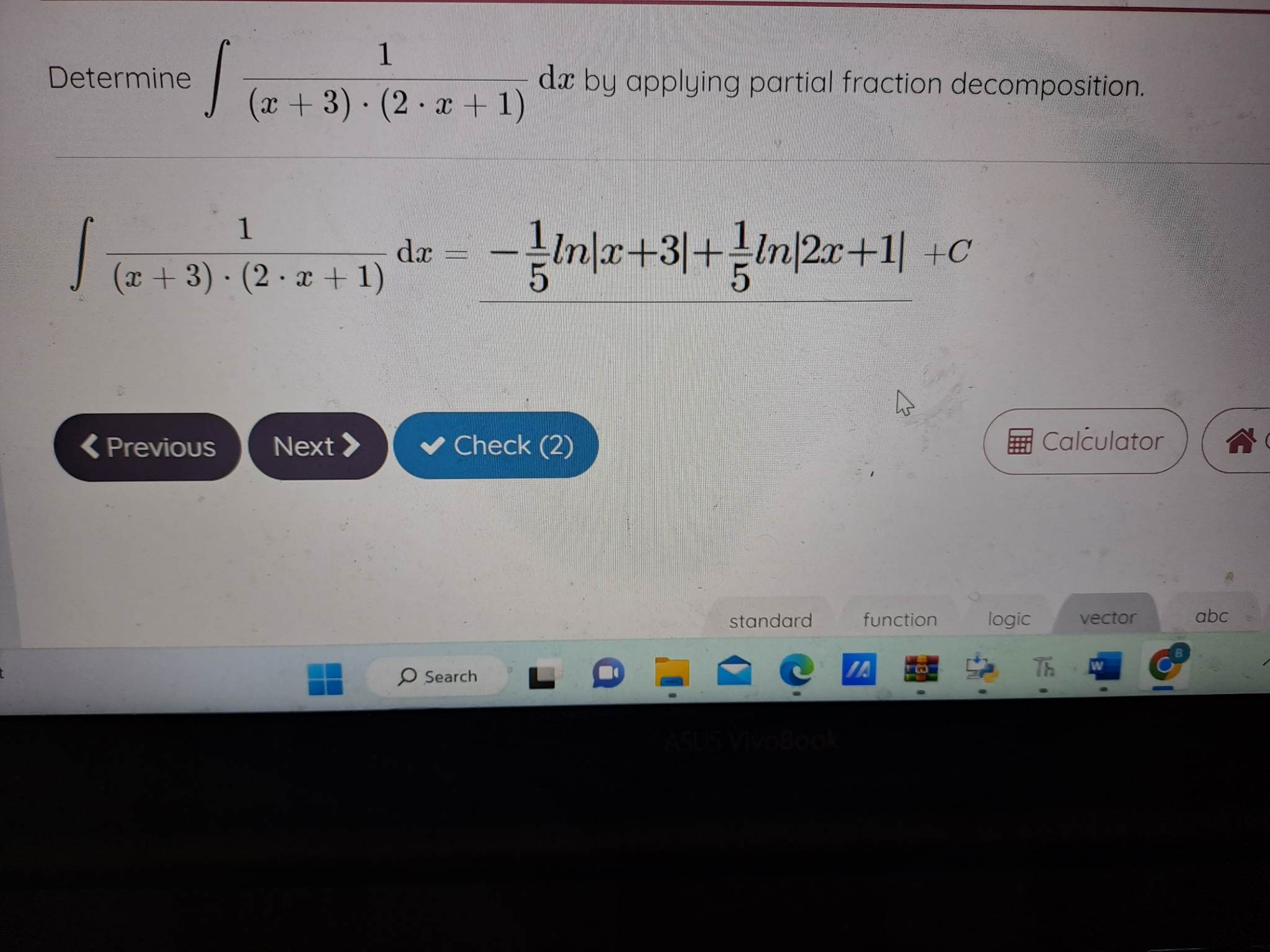 dx by applying partial fraction decomposition. 1 da = Linx+3 +-In|2x+1/ +c