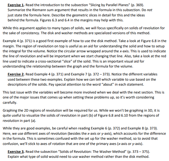  Section 6.1 Reading Assignment: Volumes using Cross Sections Exercise 1. Read
