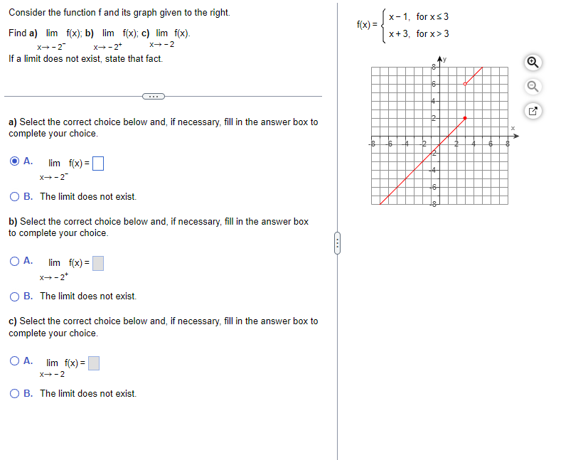 Consider the function f and its graph given to the right.Finda)limx2f(x);b)limx2+f(x);c)limx2f(x).If