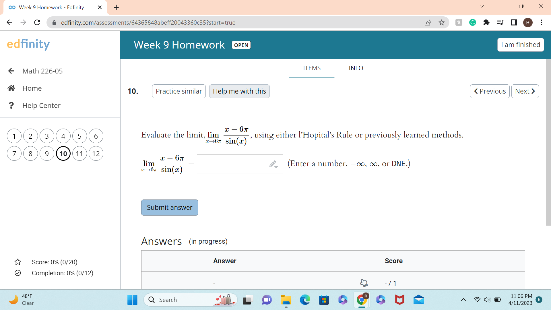10 11 12 Answer: Submit answer Answers (in progress) Answer Score Score:
