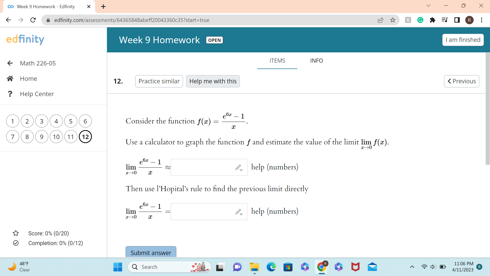 CR 7 10 11:05 PM 4/11/2023co Week 9 Homework - Edfinity X