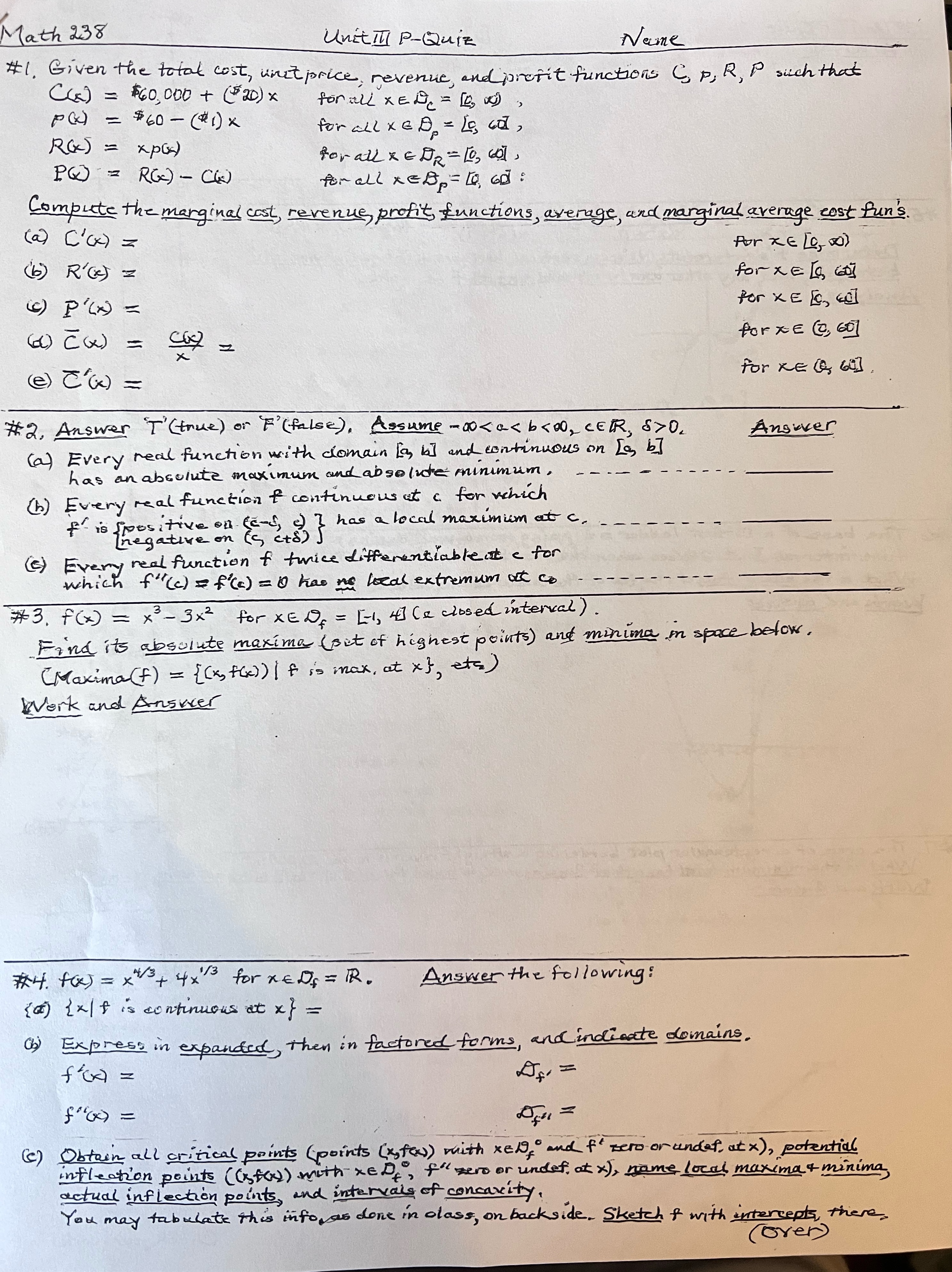  Help and explain each answer Math 238 Unitin P-Quiz Name #