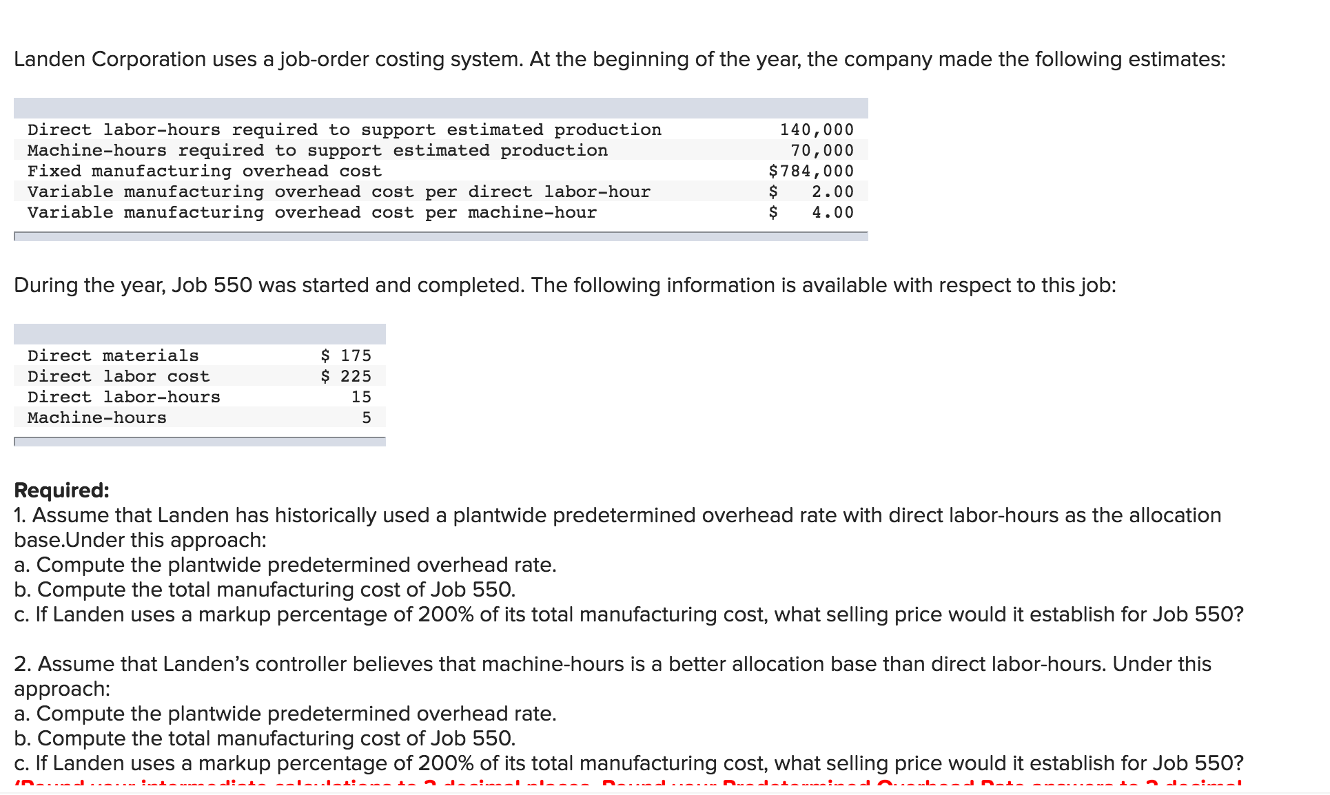 beginning of the year, the company made the following estimates: Direct labor-hours