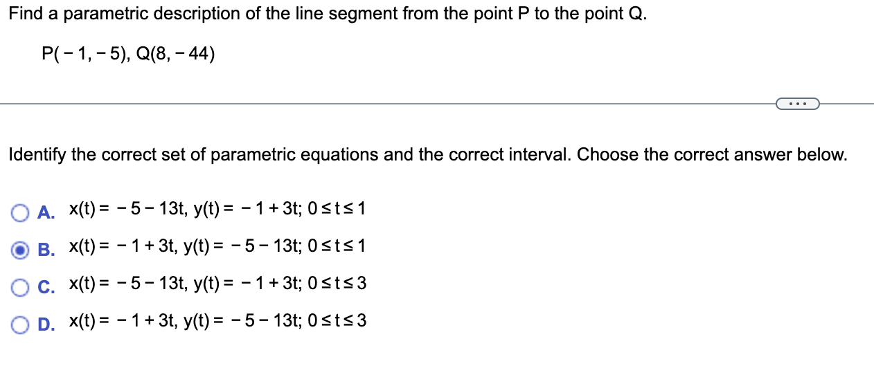 description of the line segment from the point P to the point