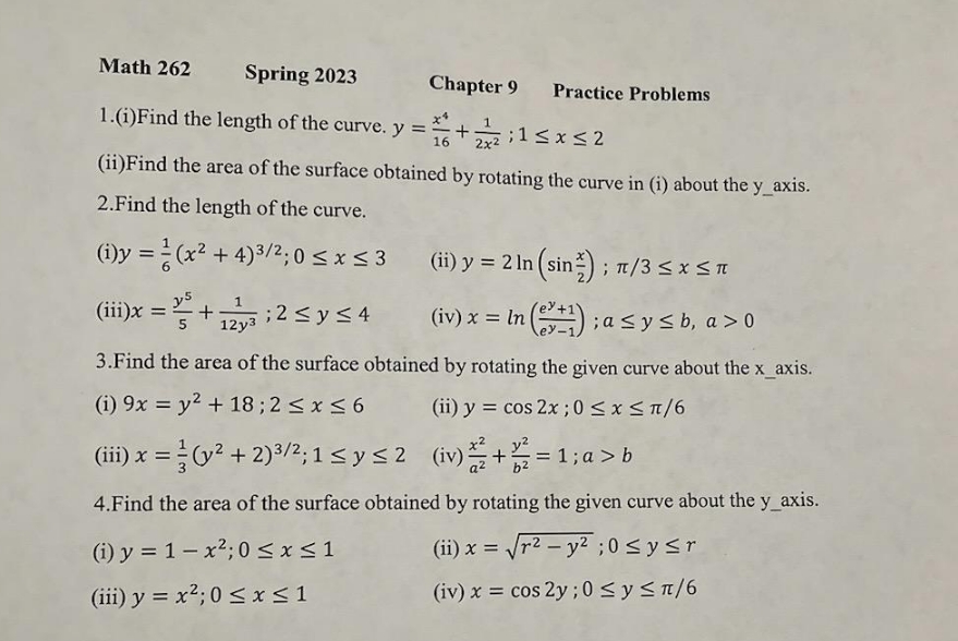  Math 262 Spring 2023 Chapter 9 Practice Problems 1.(i)Find the length