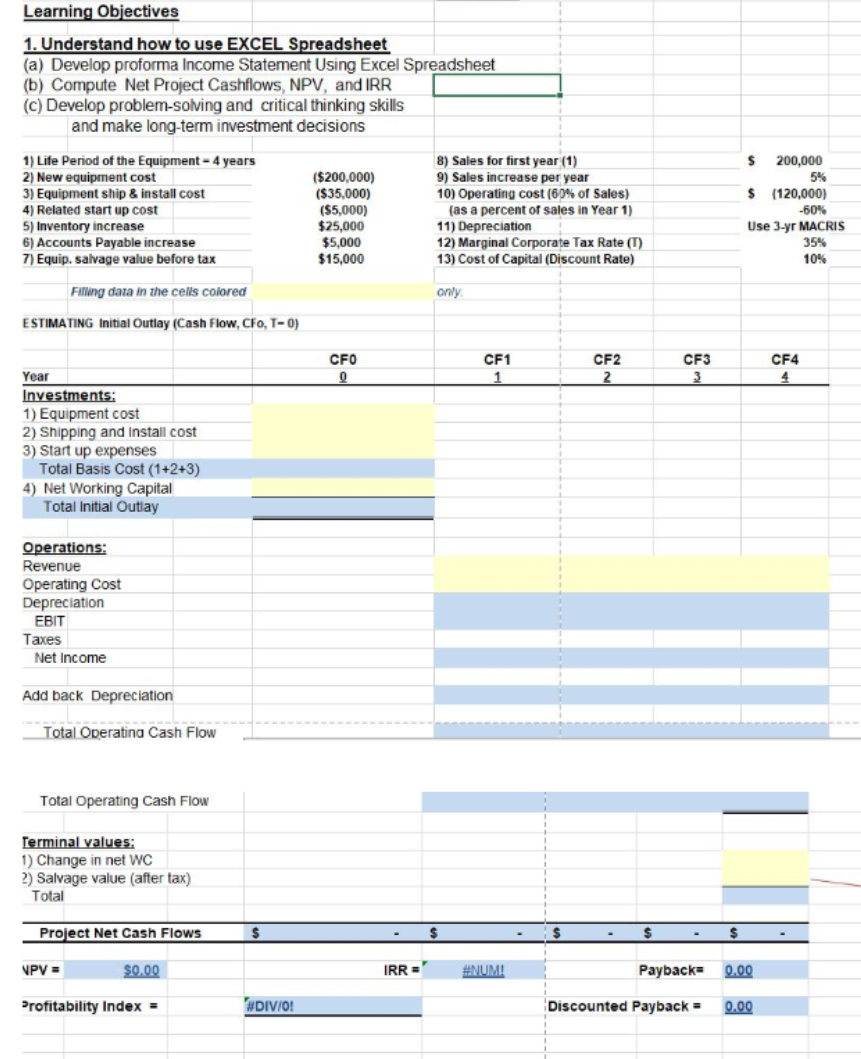 Income Statement Using Excel Spreadsheet (b) Compute Net Project Cashflows, NPV, and