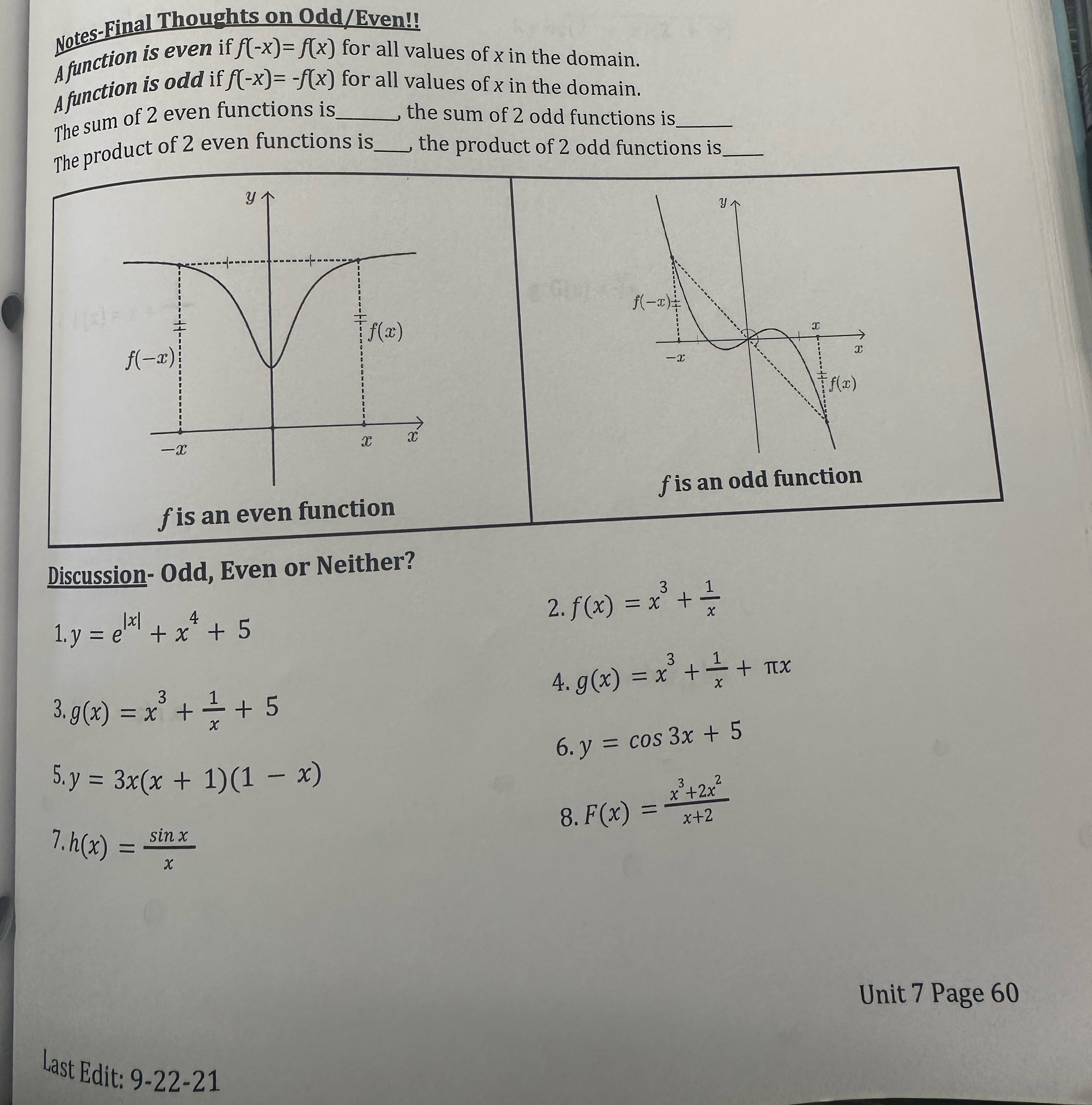 for all values of x in the domain. A function is odd