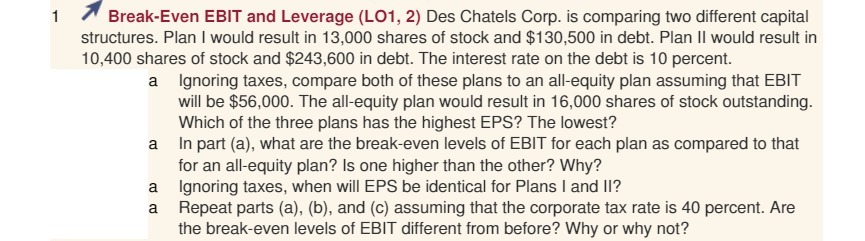 Des Chatels Corp . is comparing two different capital structures . Plan