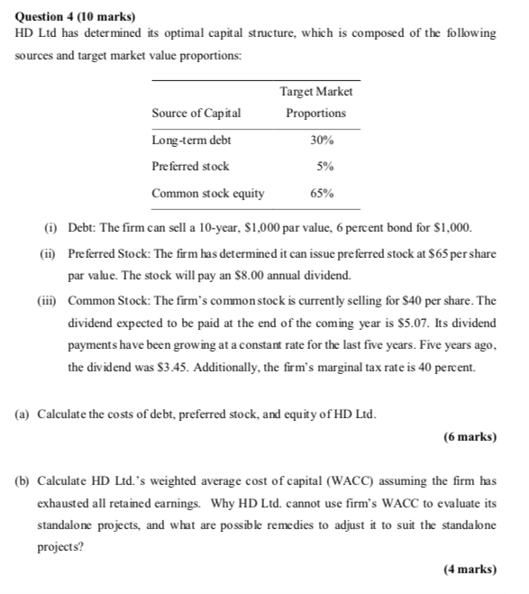 (10 marks) HD Ltd has determined its optimal capital structure, which is