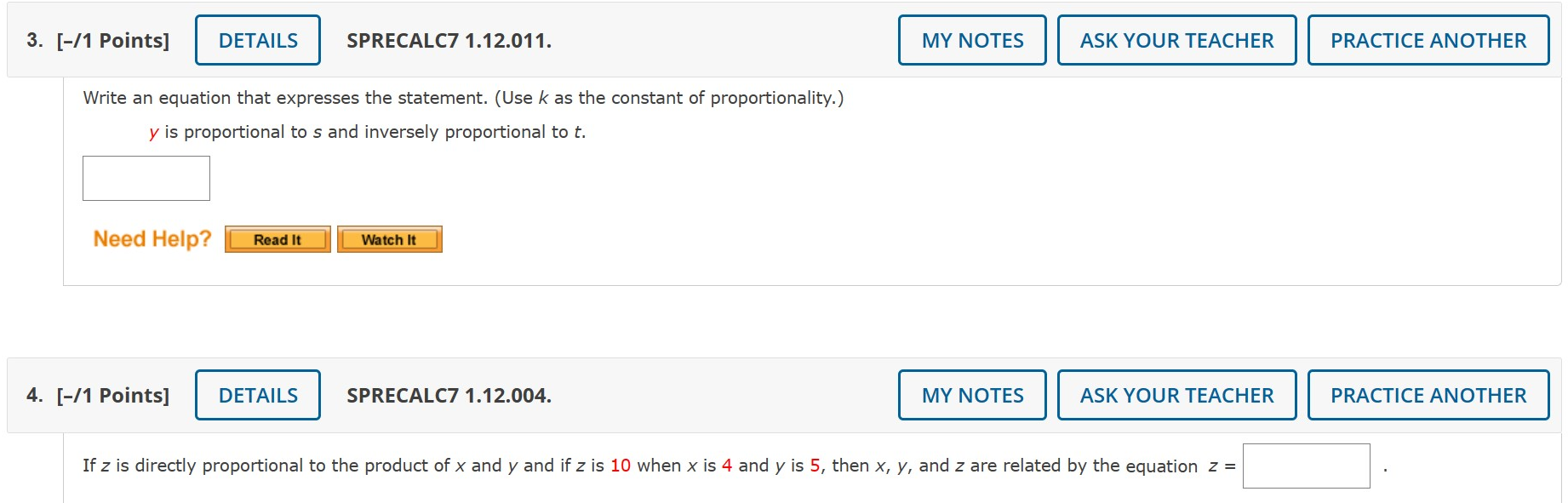 as an equation. (Use k as the constant of proportionality.) A varies