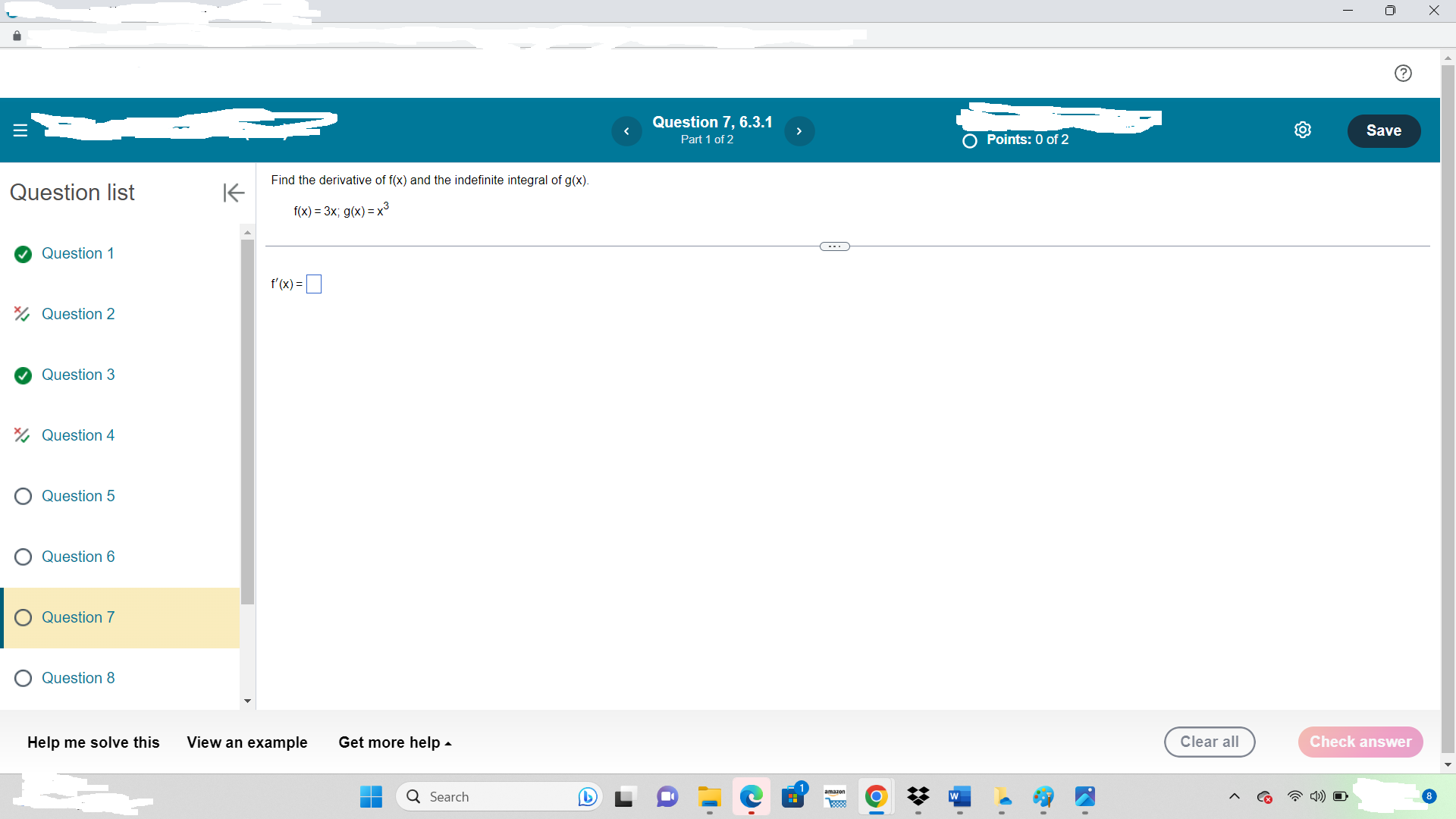 the derivative of [(x) and the indefinite integral of g(>