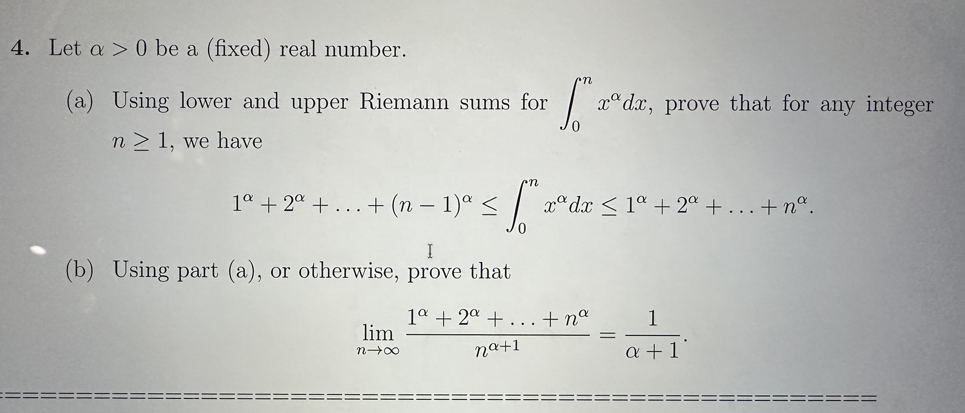 Using lower and upper Riemann sums for x'dx, prove that for any