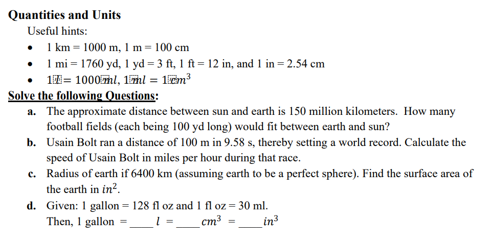 Please help with practice problem. Quantities and Units Useful hints: 1