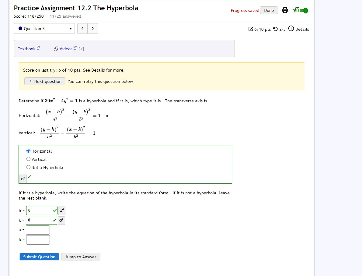 C] Horizontal 0 Vertical (:3 Not a Hyperbola If it is a