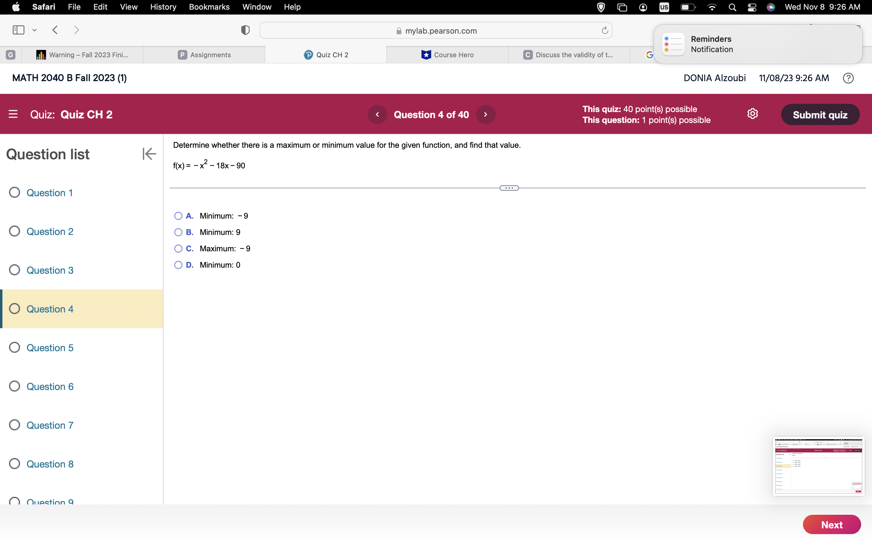t" 1-) Reminders Notification (.1 DONIA Alzoubi This quiz: 40 point(s) possible