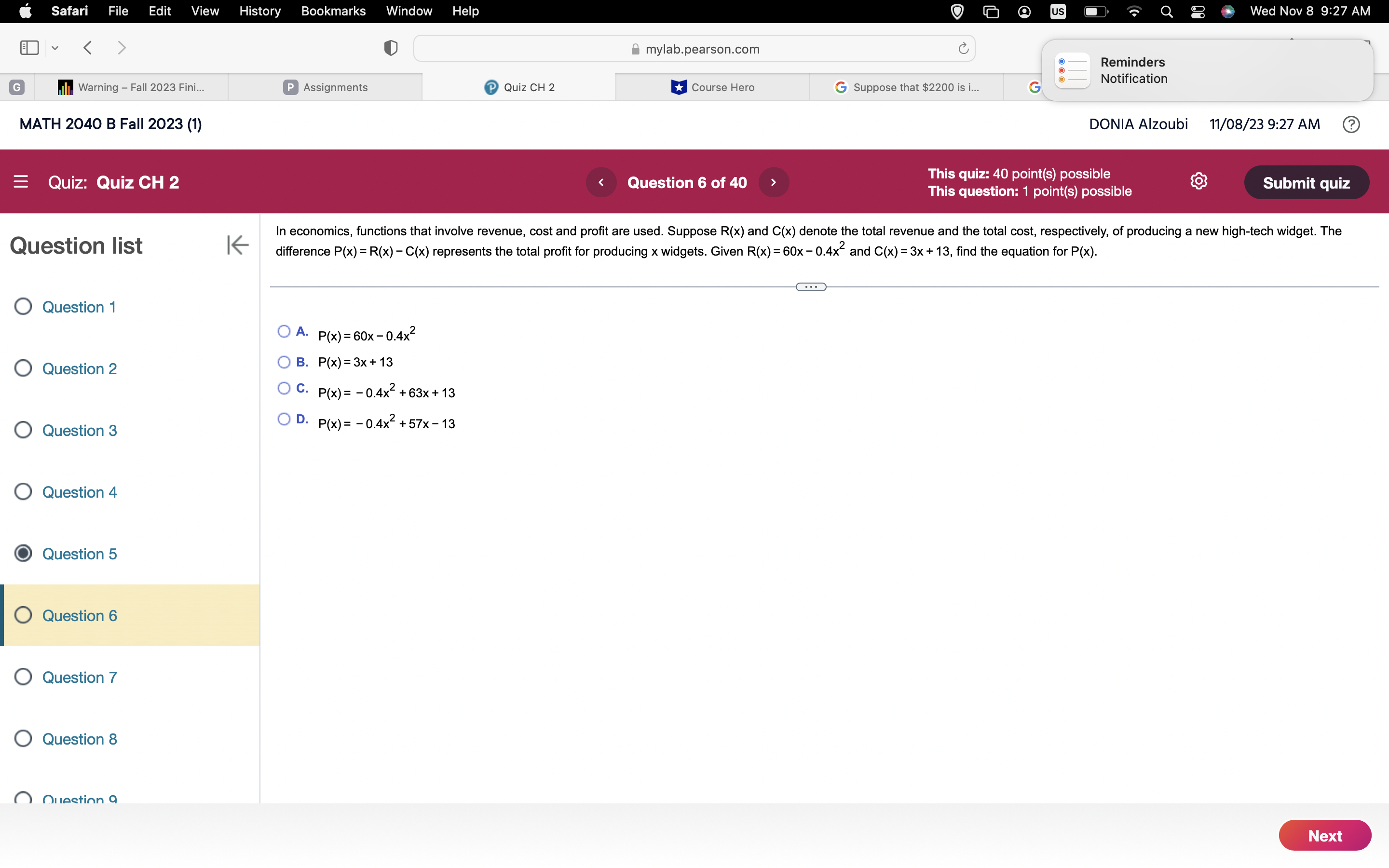 9:26 AM (3 Submit quiz Safari File Edit View History Bookmarks Window