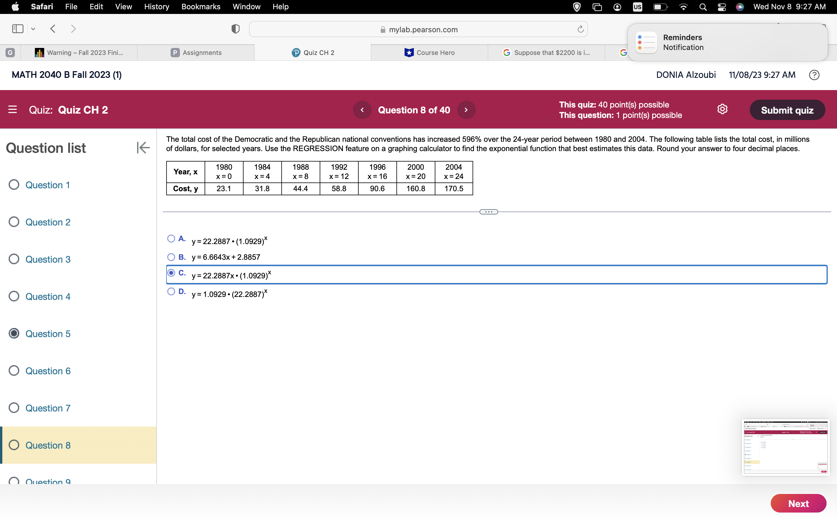 Reminders G Warning - Fall 2023 Fini... P Assignments Quiz CH 2