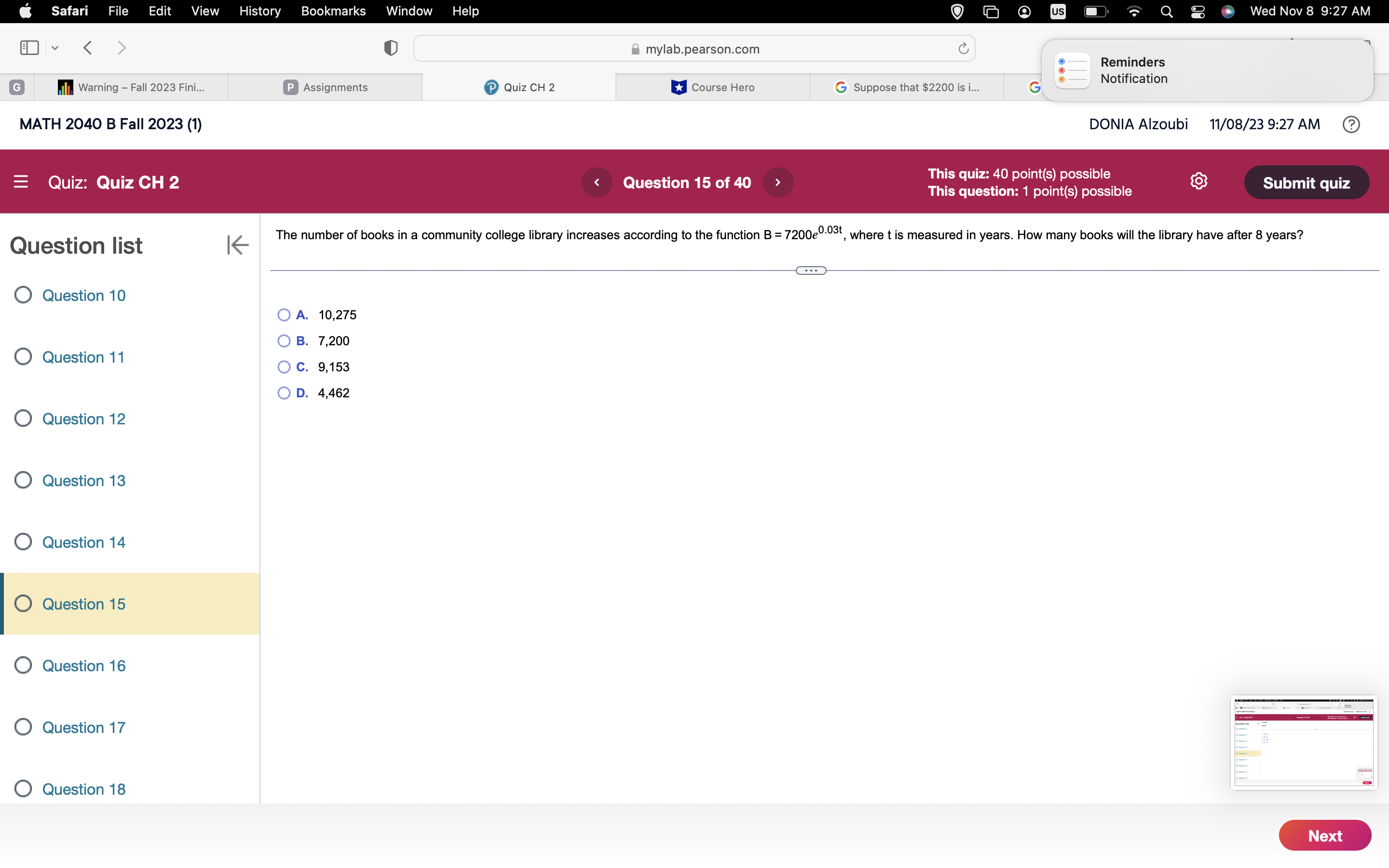 1 (C) y= 8* (D) y= 5 O Question 2 O Question