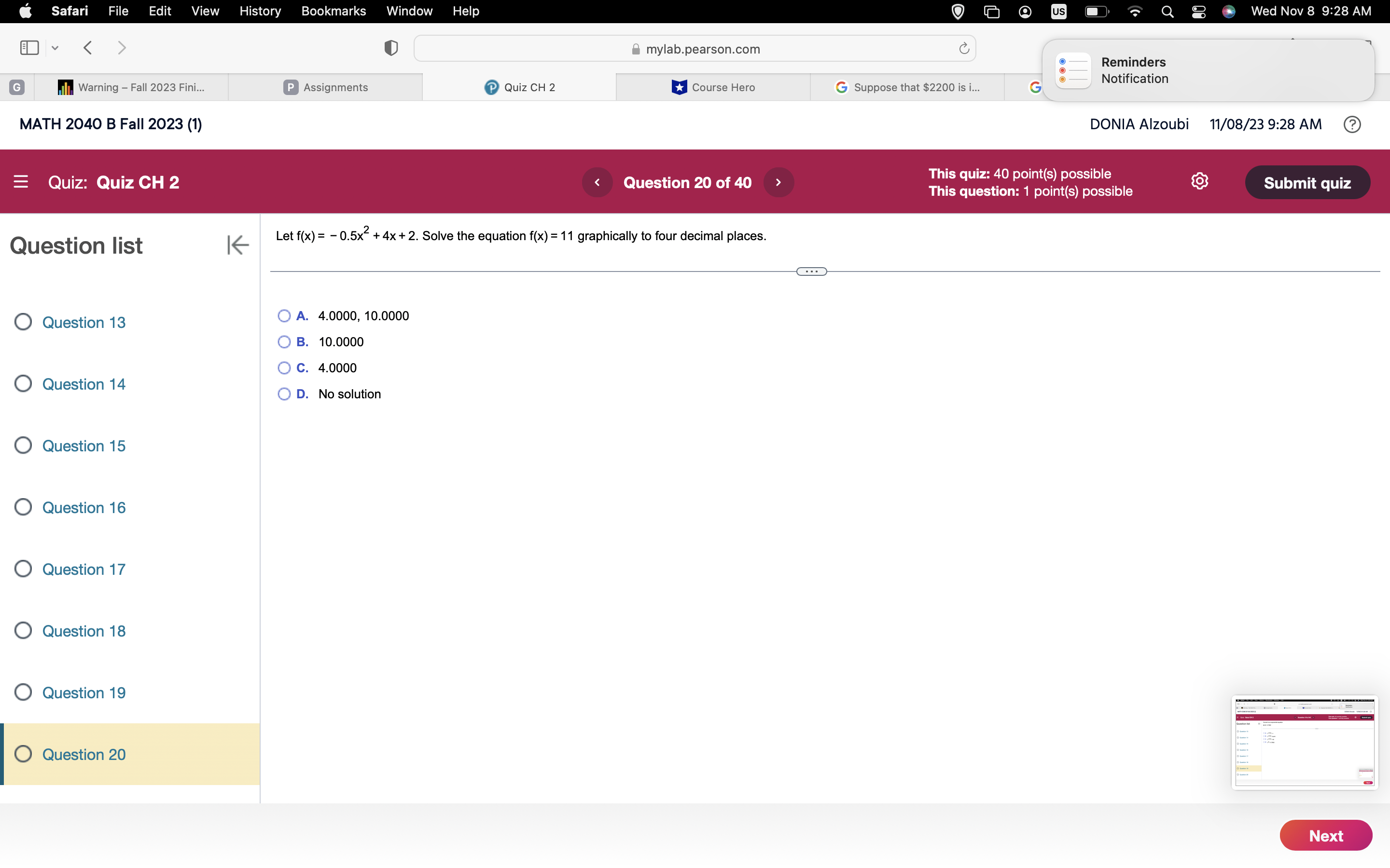 8 Question a NextSafari File Edit View History Bookmarks Window Help V