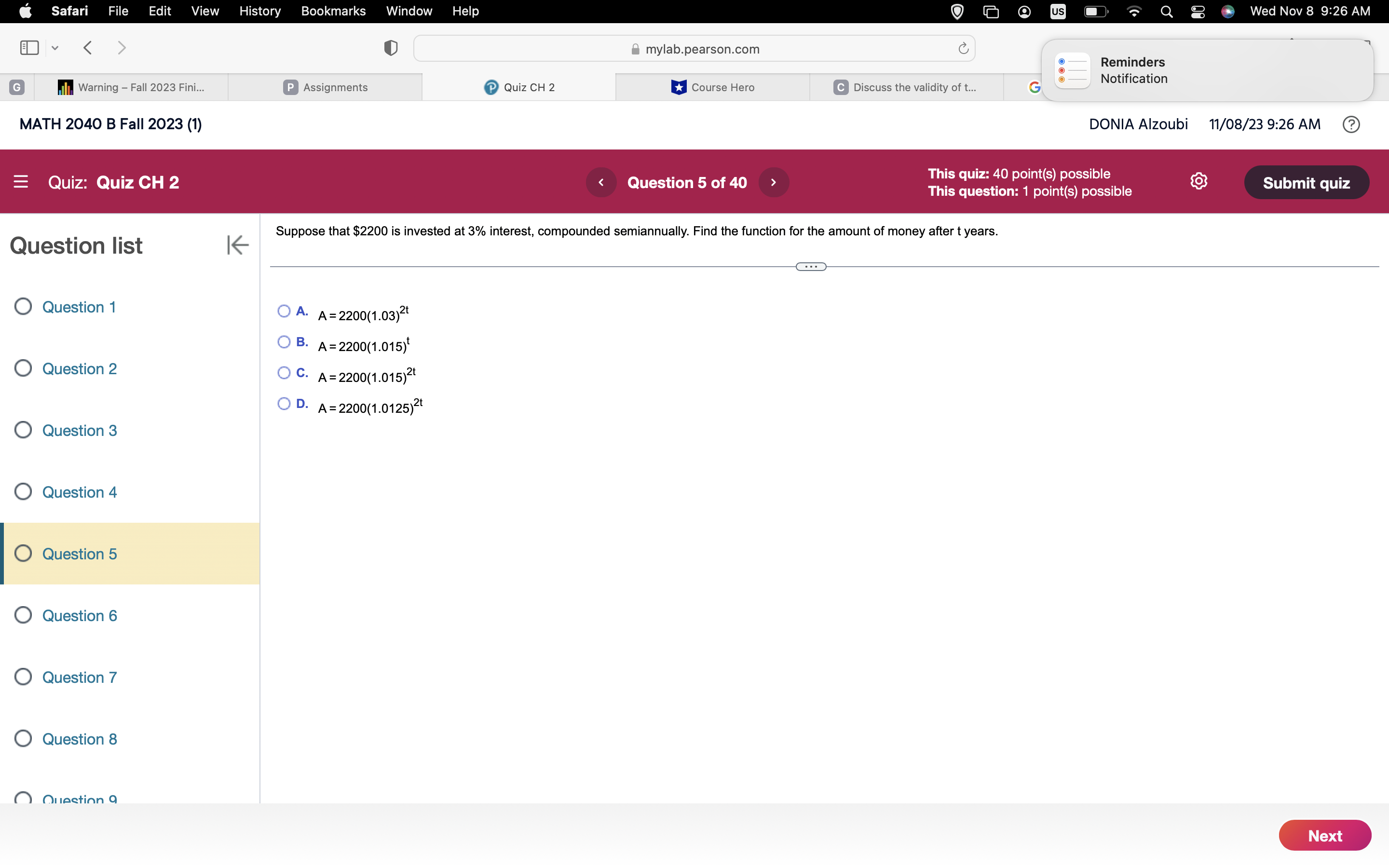 O Question 6 0 Question 7 0 Question 8 nllnqtinn o Safari