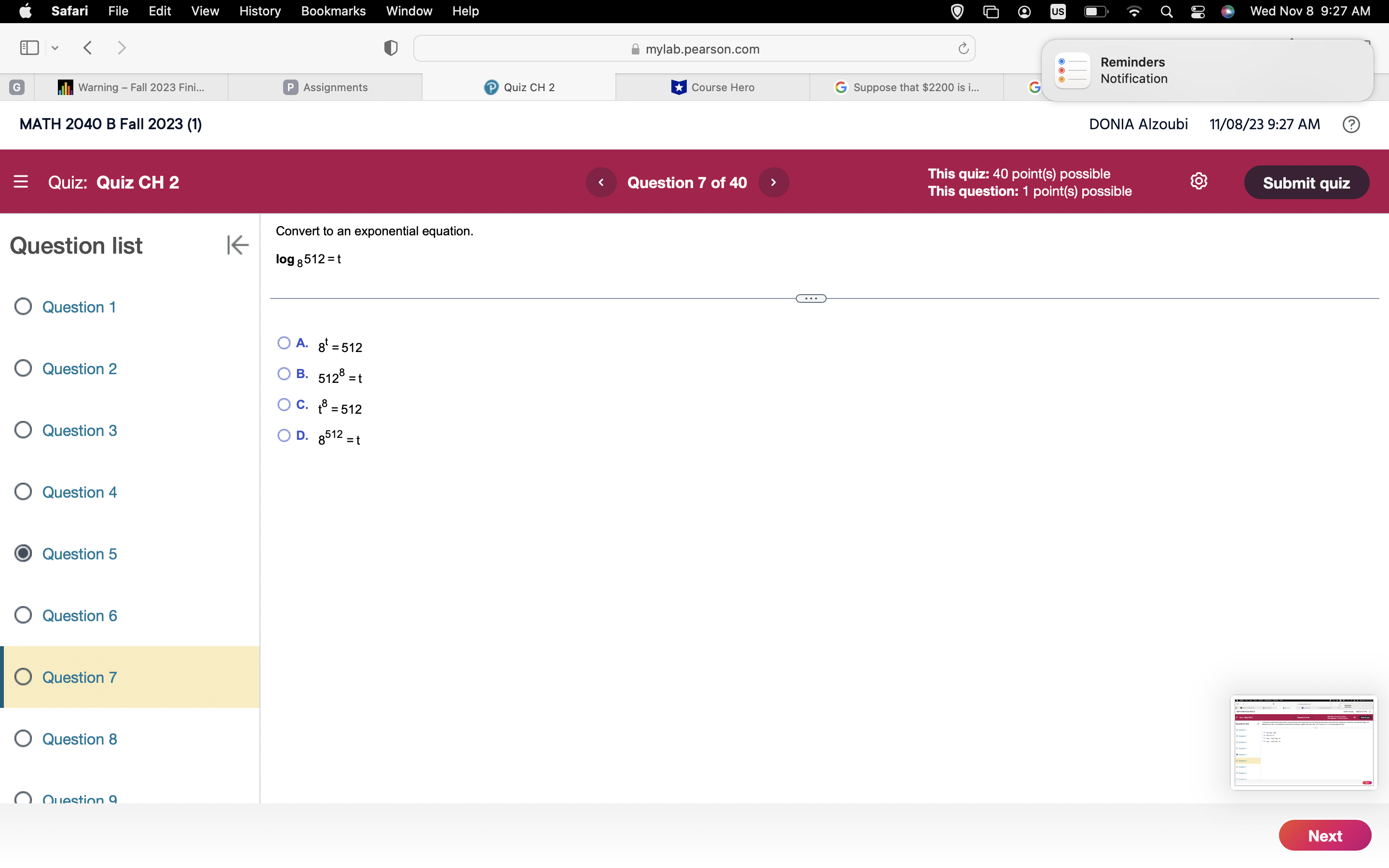 Nov 8 9:26 AM mylab.pearson.com C Reminders G Notification Warning - Fall