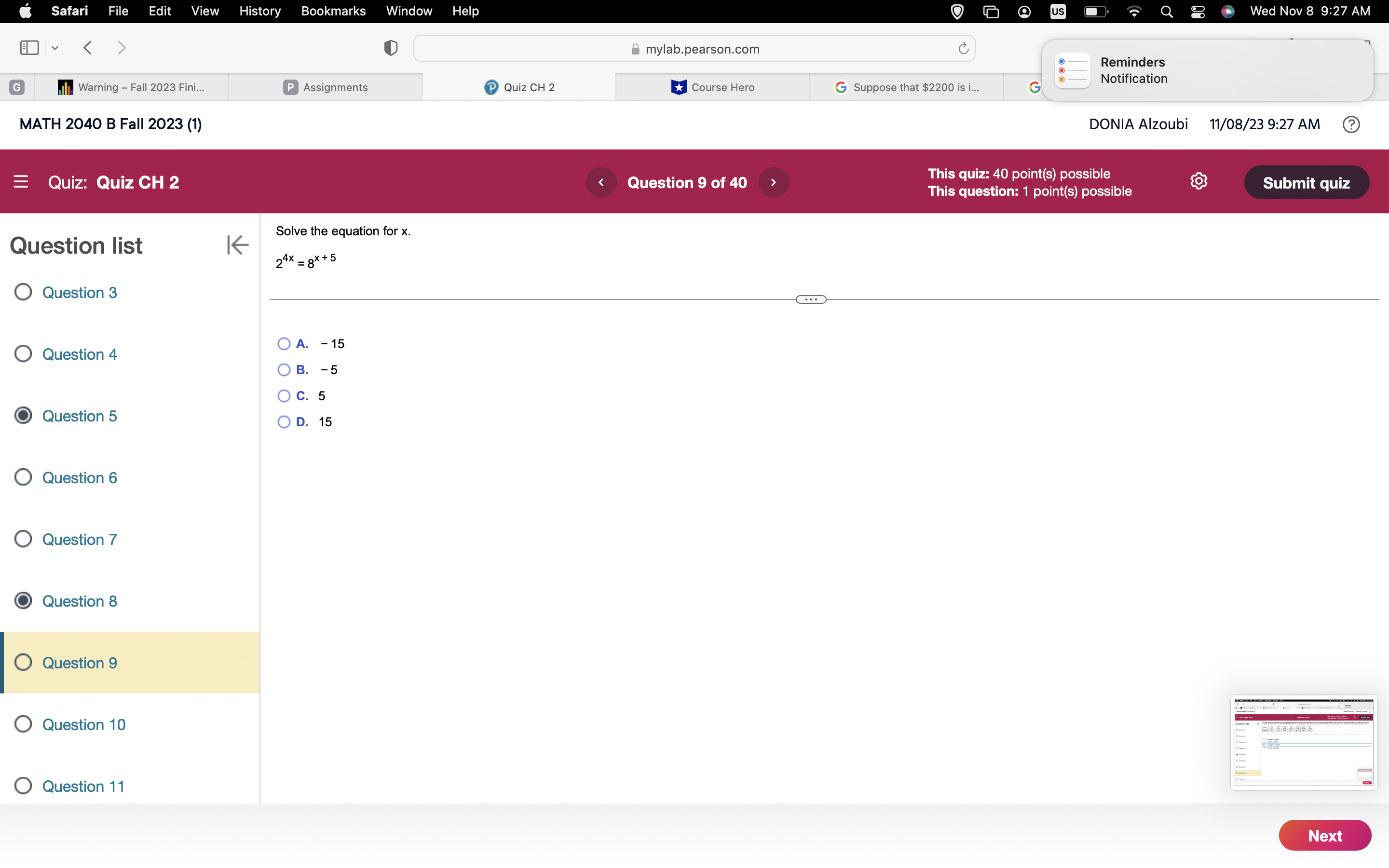 of t... G MATH 2040 B Fall 2023 (1) DONIA Alzoubi 11/08/23