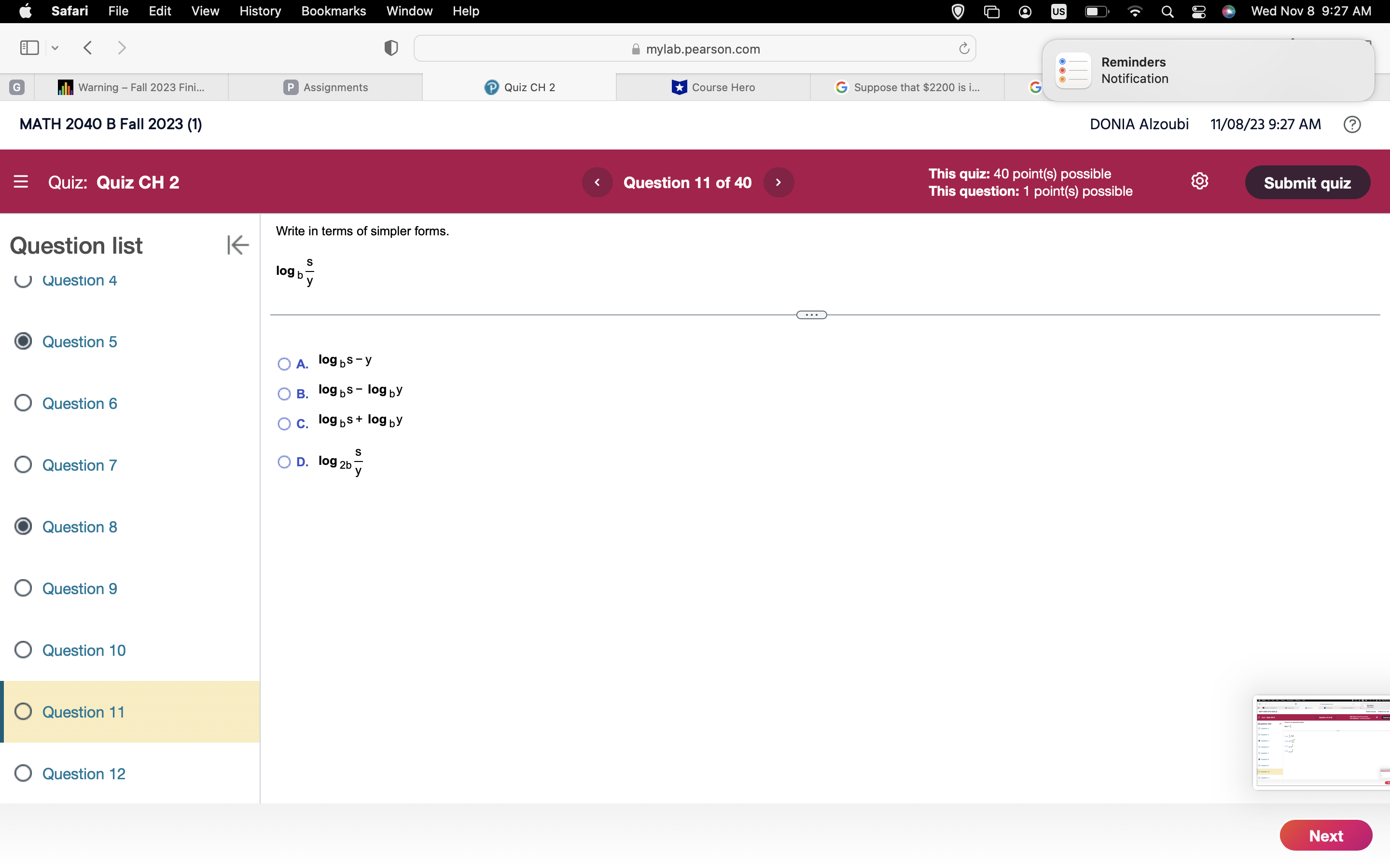 quiz: 40 point(s) possible This question: 1 point(s) possible Submit quiz Determine