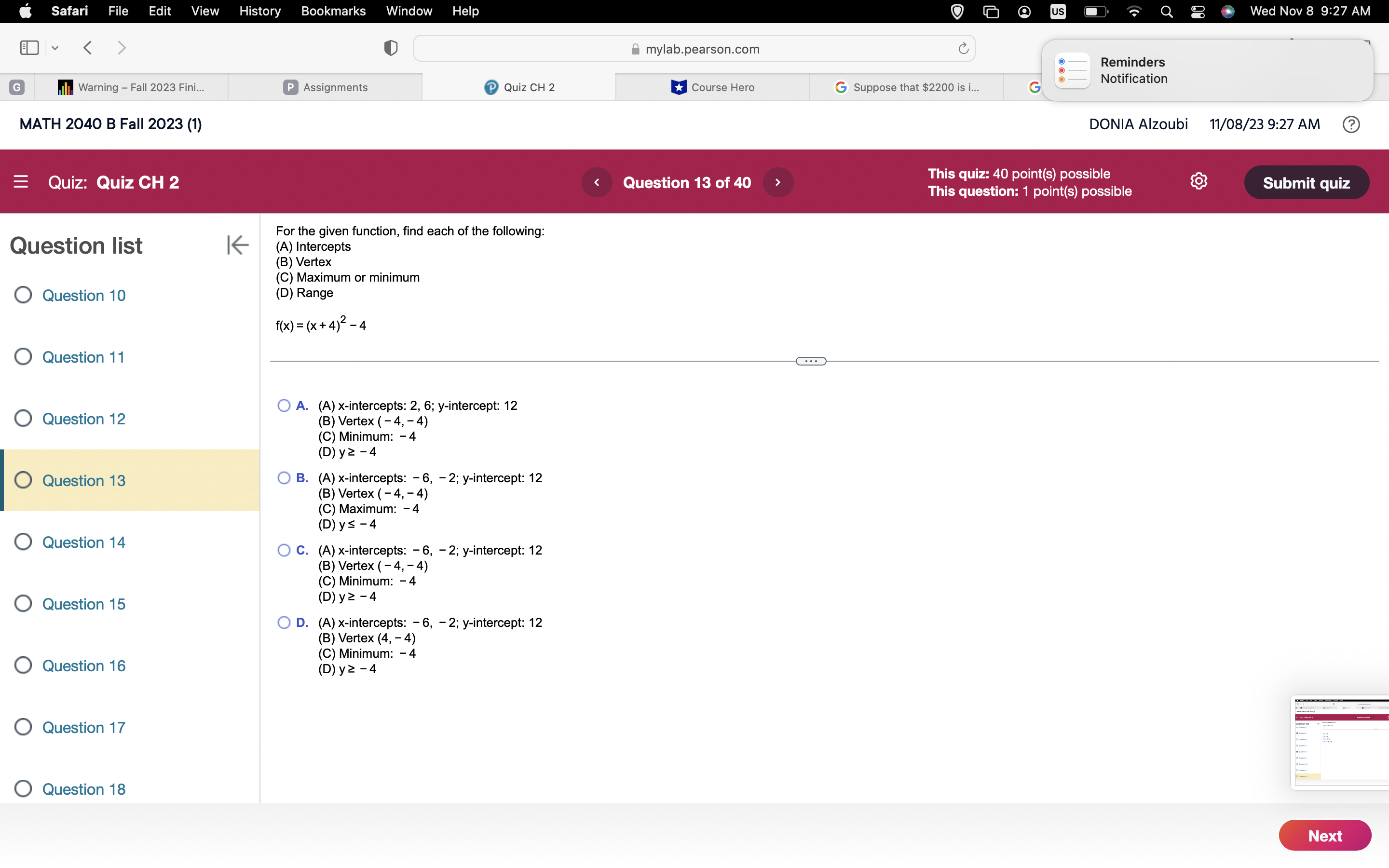 and find that value. Question list K f(x) = - x2 -