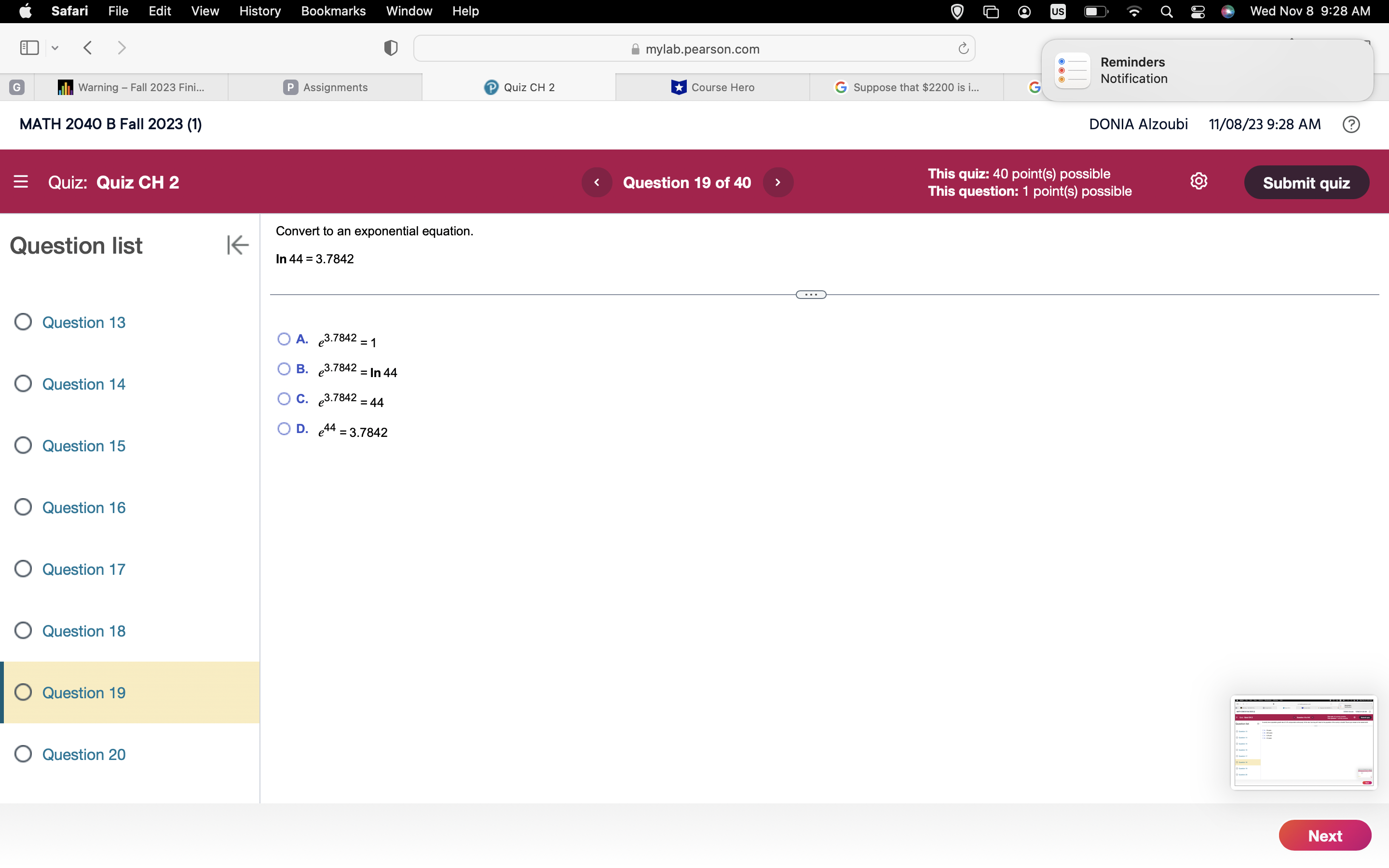 mylab.pearson.com C Reminders Notification G Warning - Fall 2023 Fini... P Assignments