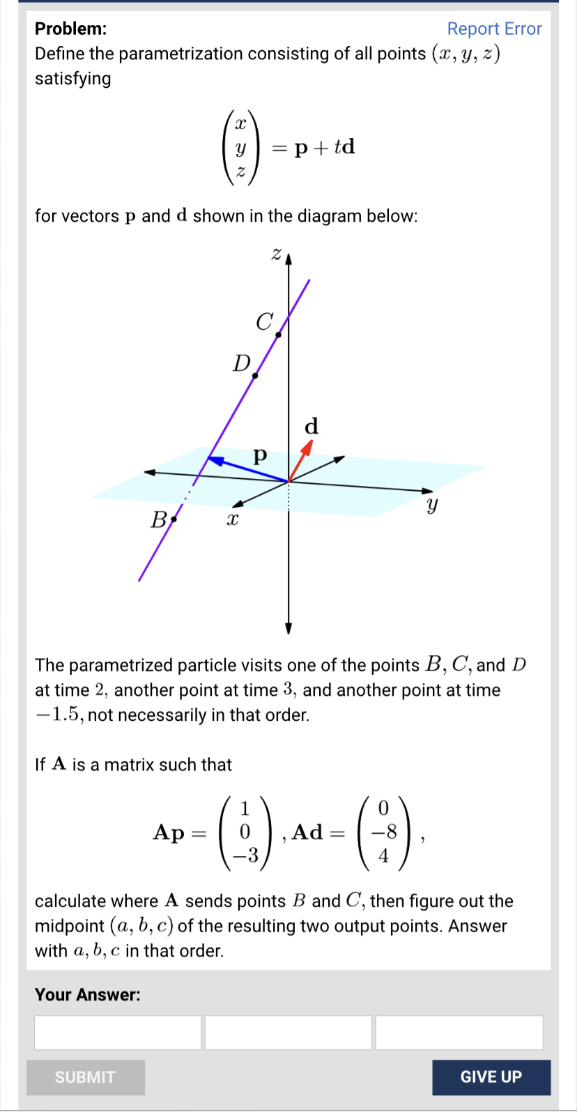 y, z) satisfying 8 y = p + td for vectors p