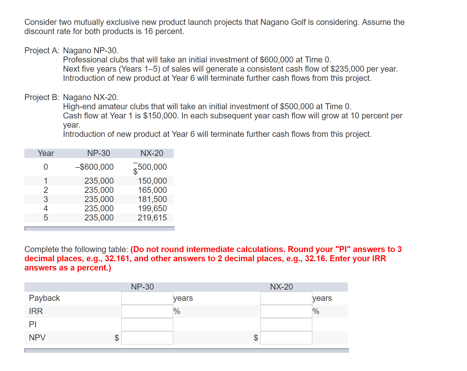 is considering. Assume the discount rate for both products is 16 percent.Project
