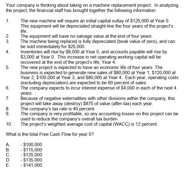 Your company is thinking about taking on a machine replacement project. In