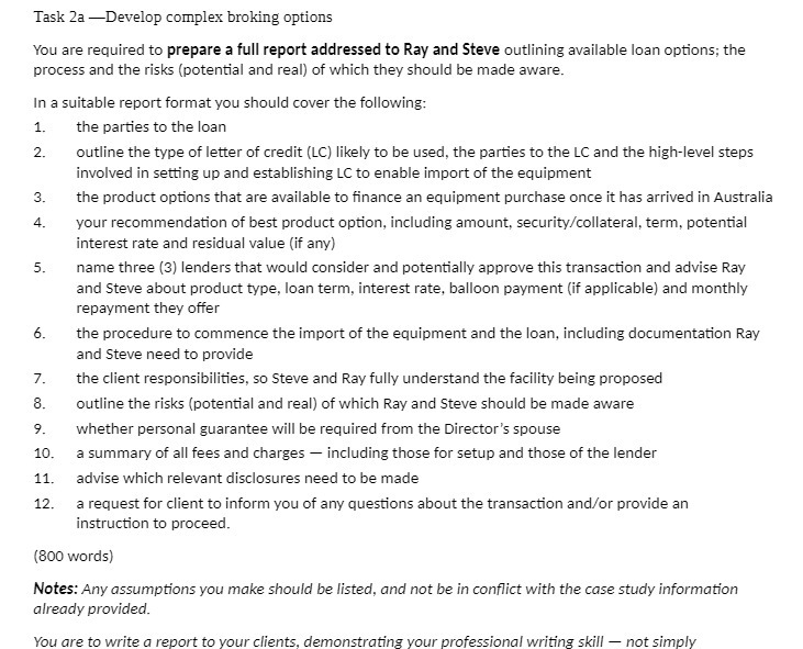 a full report addressed to Ray and Steve outlining available loan options;