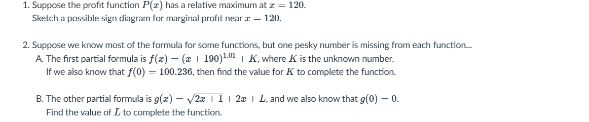 a: = 120. Sketch a possible sign diagram for marginal prot near