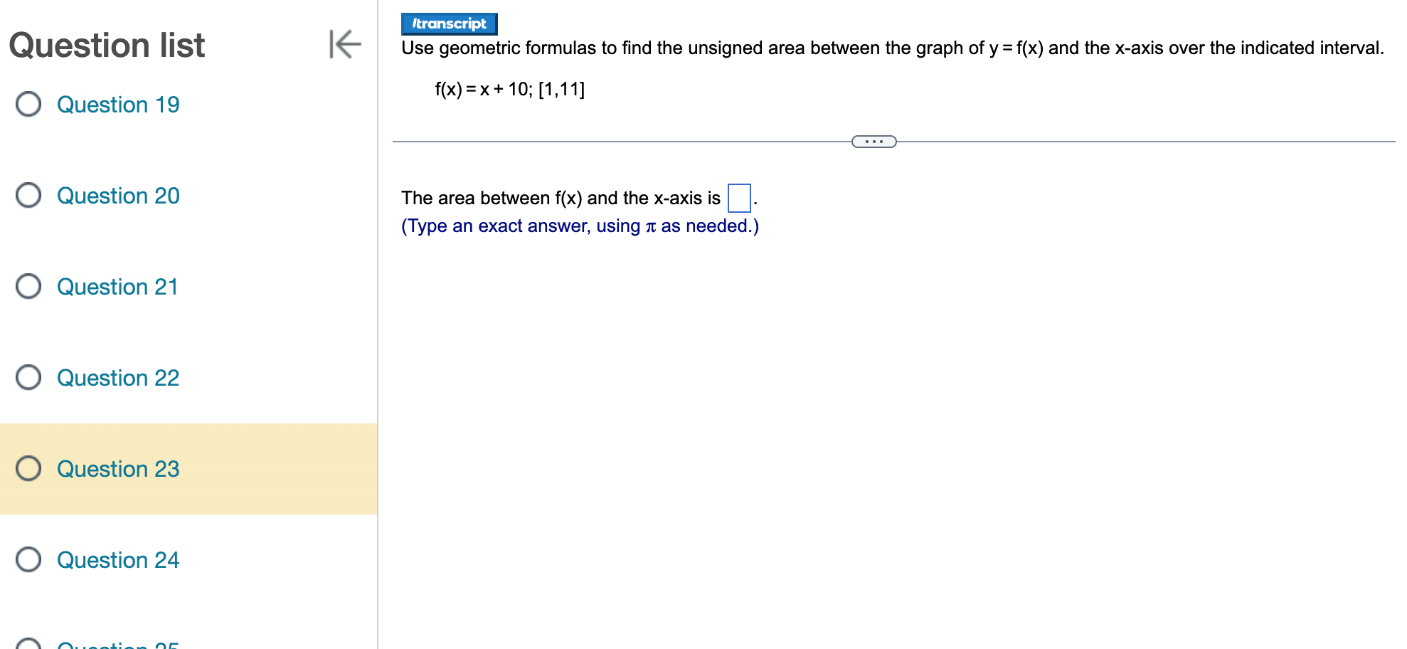  Question list I6 Use geometric formulas to nd the unsigned area